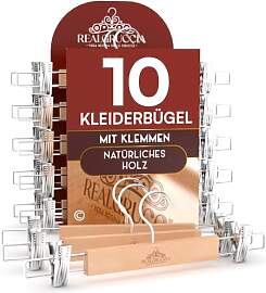 10 Kleiderbügel mit Klammern aus Holz 13x33cm