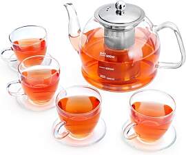 1200ML Teekanne Glas Set, Teeservice 4 Gläser,