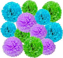 12 Stück papier Pompons Set,Blau Grün Lila Pom