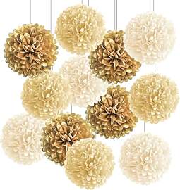12 Stück Seidenpapier Pompons Beige Gold,