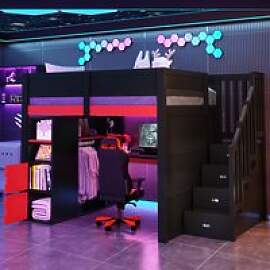 140x200 Holz-Gaming-Hochbett mit LED, USB &