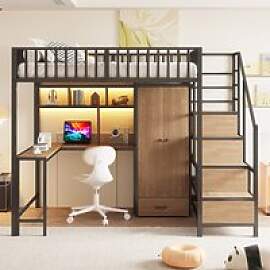 140x200cm Metall-Hochbett mit Schreibtisch,