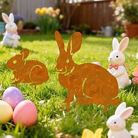 2er Oster Hase Gartenstecker Deko Rost,Deko Hasen