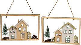 2er Set Hängedeko Häuser im Rahmen eckig 30x20cm 