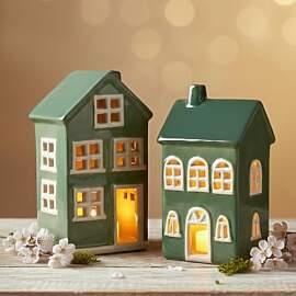 2er Set Keramik Windlicht Häuser in grün -