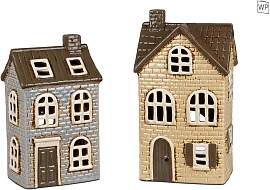 2er Set Teelichthalter Häuser H. 24cm grau creme