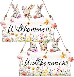 2 Stück Holz Willkommensschild Herzlich