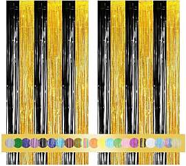 2 Stück Silvester Lametta Vorhänge Schwarz Gold