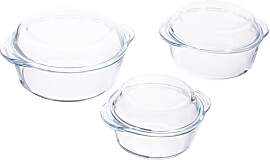 3er Set Glas Auflaufform rund mit Deckel Bräter