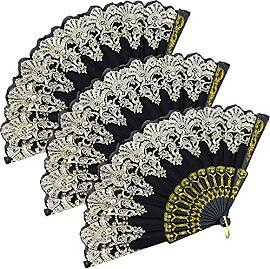 3er Set Handfächer schwarz Hochzeitfächer Spitze 