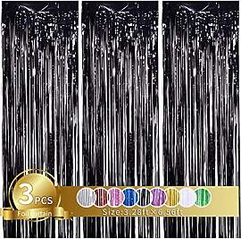 3 Stück Schwarz Metallic Lametta Vorhänge,Tinsel 