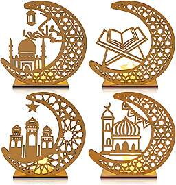 4 Stück Ramadan Lichter Holz Halbmond Eid Mubarak 