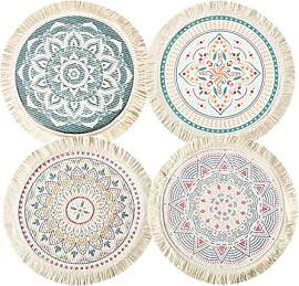 4 Stück Runde Boho-Tischsets aus Baumwolle für