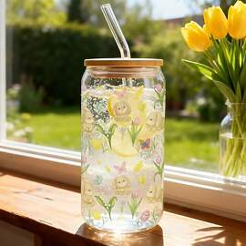 500ml Ostertasse Glas mit Deckel und Strohhalm -
