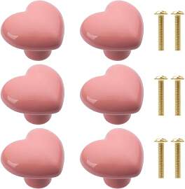 6 Stück Möbelknöpfe, Keramik Herz Rosa Knauf