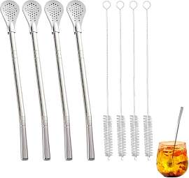 8 Teefilter Strohlöffel, 4 Edelstahl Trinkhalme