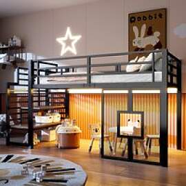 90x200cm Metall-Hochbettgestell mit Treppe,