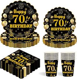 96 Stück Schwarz und Gold Partygeschirr,70th