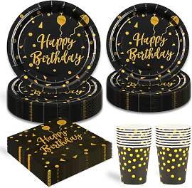 96 Stück Schwarz und Gold Partygeschirr,Happy