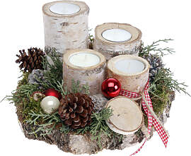 Adventsgesteck Birkenscheibe mit 4 Teelichtern,