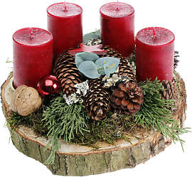 Adventsgesteck Birkenscheibe mit 4 Trendkerzen rot 