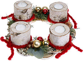 Adventskranz Birkenholz mit 4 Teelichtern rot