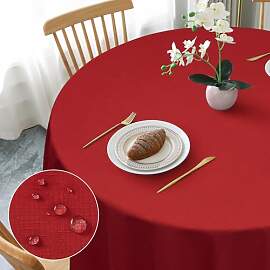 AooHome Tischdecke Rund 120cm, Rot Leinen-Optik