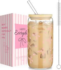 AOOTE Glas mit Deckel und Strohhalm, 500 ml Bow