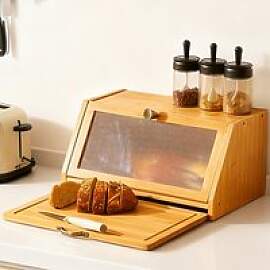Bambus-Brotkasten-Schneidebrett-Kombination,