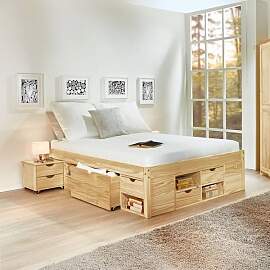Bett Oslo Kiefer Massivholz mit Stauraum und