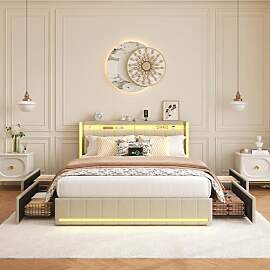 BHFFTHK Polsterbett 180x200 mit LED, Doppelbett