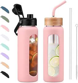 BLUEGO 700ml Glaswasserflasche mit Strohhalm und 2 