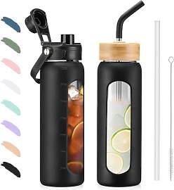 BLUEGO 700ml Glaswasserflasche mit Strohhalm und 2 
