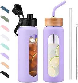 BLUEGO 700ml Glaswasserflasche mit Strohhalm und 2 
