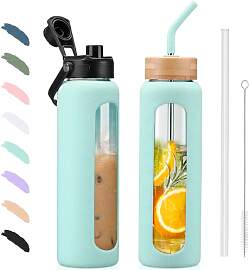 BLUEGO 900ml Glaswasserflasche mit Strohhalm und 2 