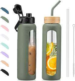 BLUEGO 900ml Glaswasserflasche mit Strohhalm und 2 