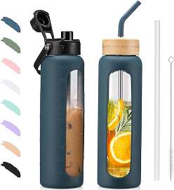BLUEGO 900ml Glaswasserflasche mit Strohhalm und 2 