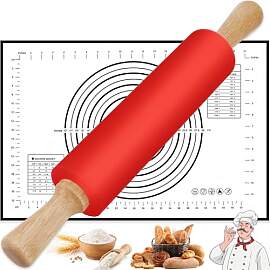 BOCHION Nudelholz Holz mit Backmatte, Teigroller
