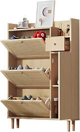 BTM Schuhschrank, Rattan Holz Schuhkipper mit 3