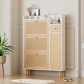 BTM Schuhschrank, Rattan Holz Schuhkipper mit 3