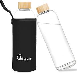 Bugucat Trinkflasche aus Borosilikatglas, 1 Liter, 