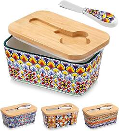 Butterdose Keramik mit Messer und Holzdeckel,