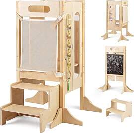 COSTWAY 4 in 1 Lernturm klappbar, Tritthocker aus