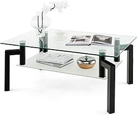 COSTWAY Couchtisch Glas, Glastisch mit 2 Ebenen,