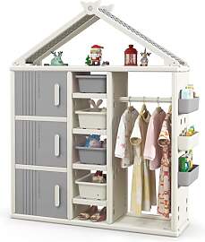 COSTWAY Kinderregal in Hausform mit Kleiderstange, 