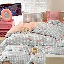 Covebett Bettwäsche 135x200 Kariert Blau mit Rosa 