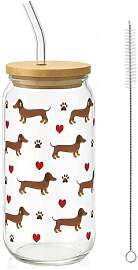 Dackel Tasse Glas 500ml Trinkglas Glas mit Deckel