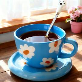 Disoza Kaffeetassen Set mit Untertasse Blau Blumen 