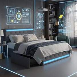 Doppelbett in Stoffausführung, dunkelgrau, mit