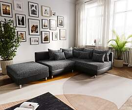 Ecksofa Clovis Schwarz mit Hocker Ottomane Rechts